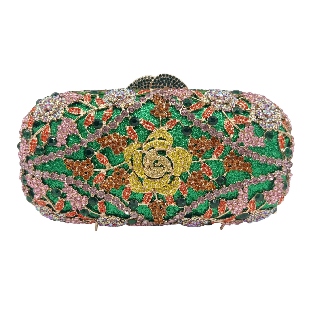 Túi clutch nữ đính kim cương hoa hộp cứng kim loại phong cách Âu Mỹ — màu xanh lá cây, Tùy chỉnh các màu khác
