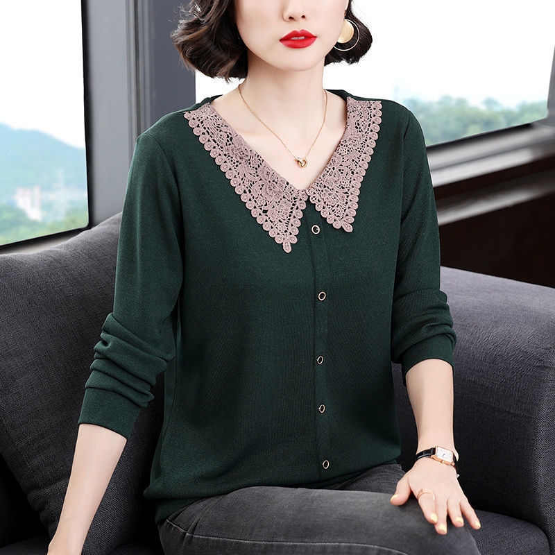 Autumn Women's Long-Sleeved T-Shirt with Peter Pan Collar, Spring and Autumn Middle-Aged Mother's Clothing, Plus-Size Base Shirt, Slimming Commuter Top