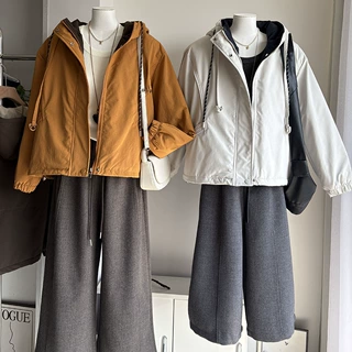 [比正]2026冬季新品韩版撞色连帽工装棉服女宽松休闲夹棉外套7850