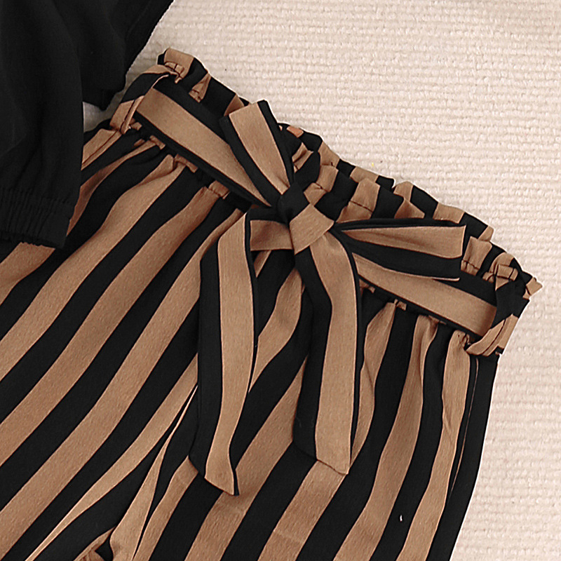 Lányka szett 2024 Nyár Új Egyvállas Rövid Ujjú Felső Csíkos Hosszú Nadrág Kétrészes Kabát Gyermekruházat_voghion.com