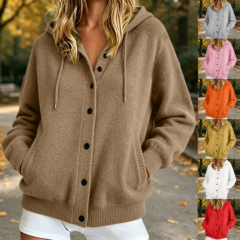 2026 Amazon Button Knit Hooded Sweater Cardigan Coat Cross-Border Autumn Winter Solid Color Pocket Loose Top for Women 2026 Amazon Button Knit Hooded Sweater Cardigan Coat Cross-Border Autumn Winter Solid Color Pocket Loose Top for Women