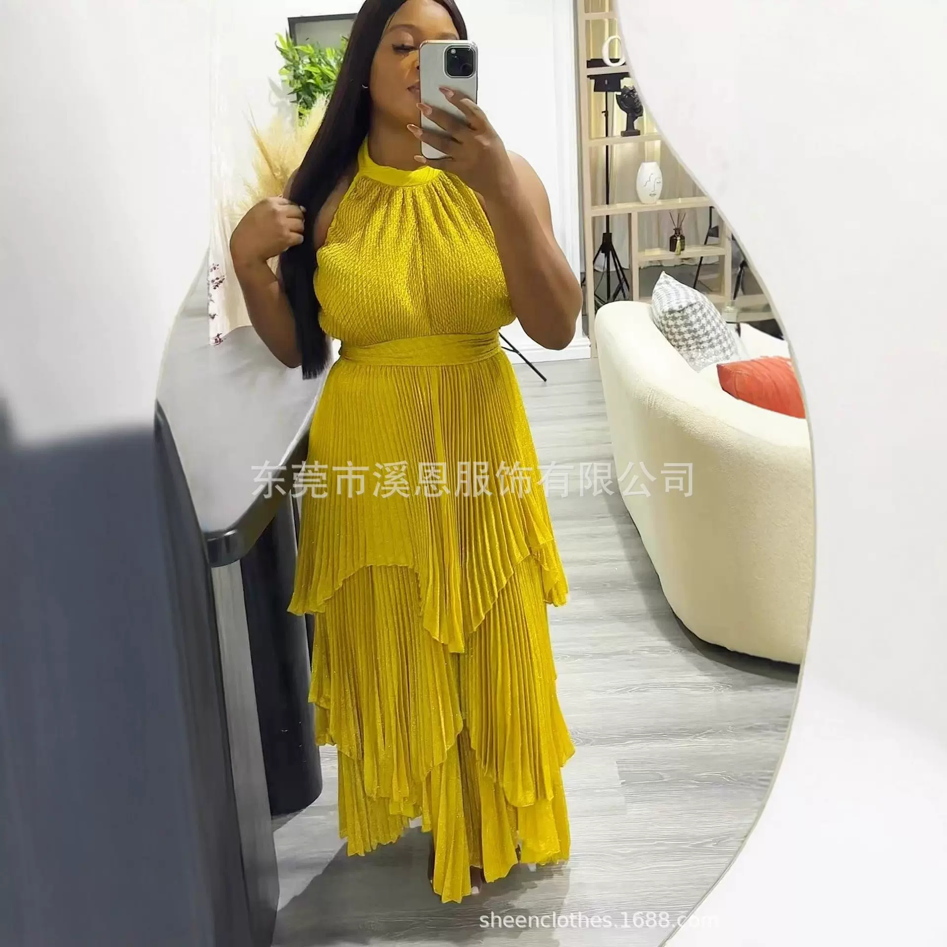 Miayki三宅新款金丝亮片披肩挂脖吊带褶皱连衣裙两件套女装非洲跨