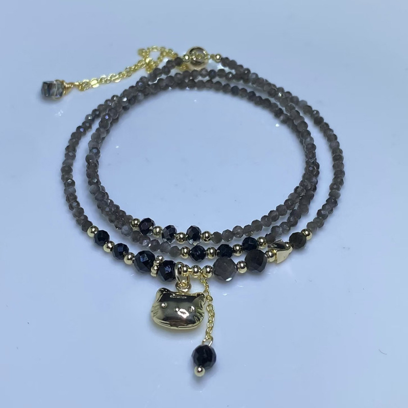 Natural Crystal Jewelry Black Tourmaline Silver Obsidian Faceted Three-Circle Cat Bracelet Original Design Adjustable