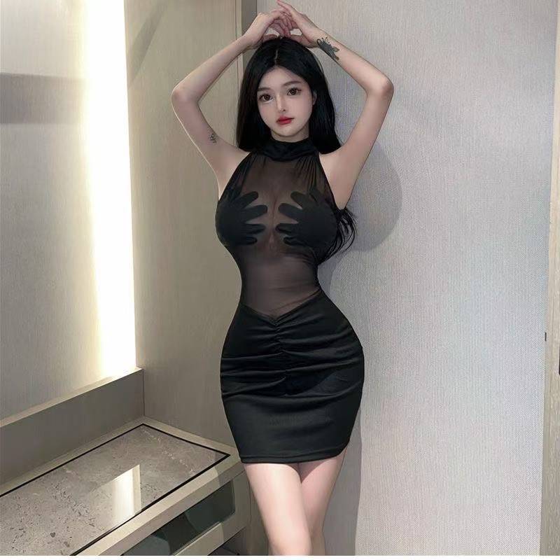 See-Through Mesh Babydoll Pajama Set, Black One-Size Polyester, Hip-Hugging Skirt — detail image 6