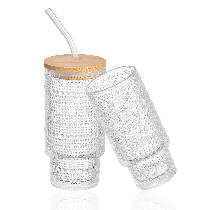 Nuevo tipo de taza de cristal de begonia con cubierta de bambú taza de paja retro relieve taza de extracción fría taza de café de cristal laminado
