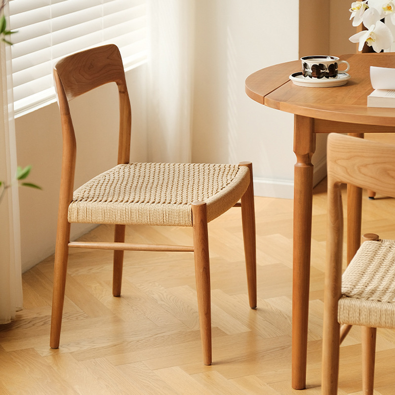 Vintage Solid Wood Dining Chair for Home Use, Cherry Wood Furniture with Rattan Backrest, Mid-Century Style Furniture