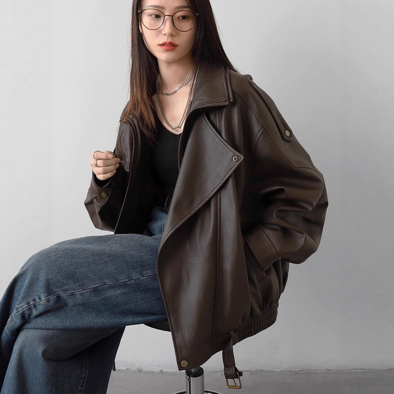 Men's Leather Jacket American Retro Niche Design Double Lapel Biker Jacket High-End Stylish Men's Autumn and Winter Season