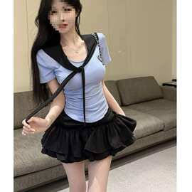 纯欲风辣妹水手服套装夏季蓝色短袖海军领修身t恤+蛋糕短裙学院风