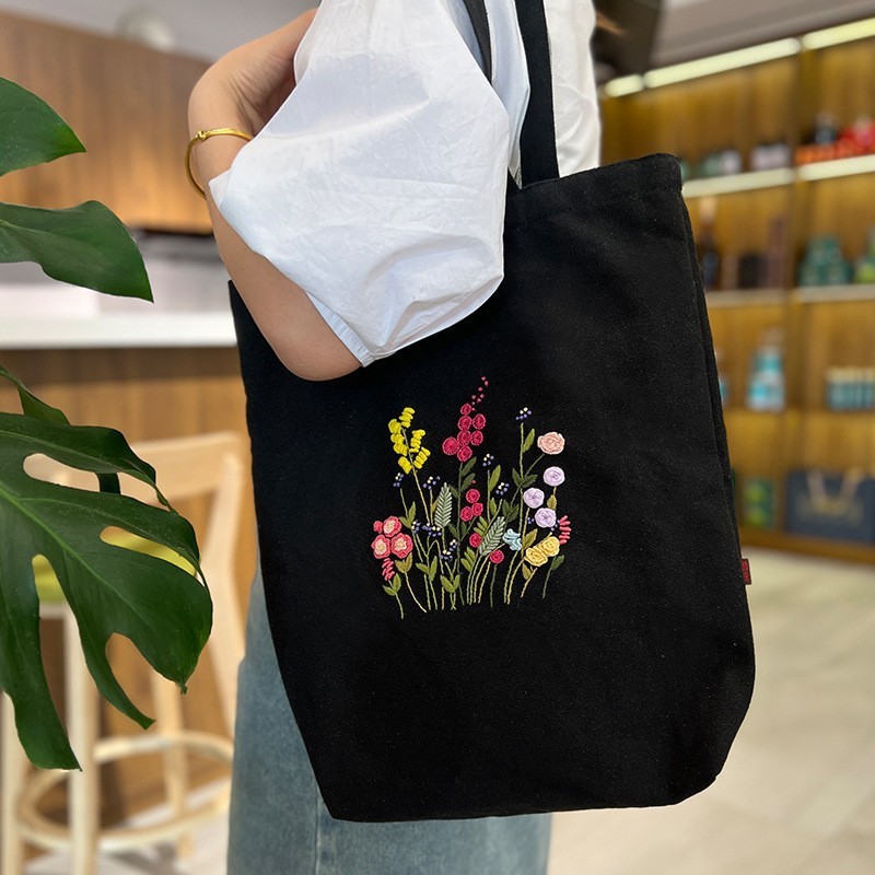 Hecho a mano DIY cinta bordada bolsa de lona Lu bordado solo hombro bolso tridimensional bordado flor lienzo mujer bolsa grande