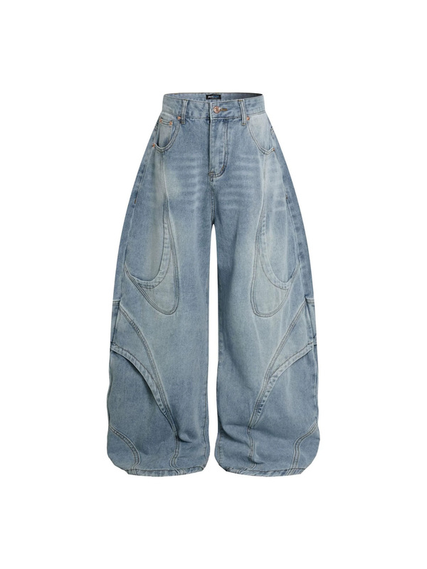 American High Street Deconstructed Curved Panel Wide-Leg Pants Multi-Layer Hand-Brushed Cat Whisker Retro Washed Denim Long Pants
