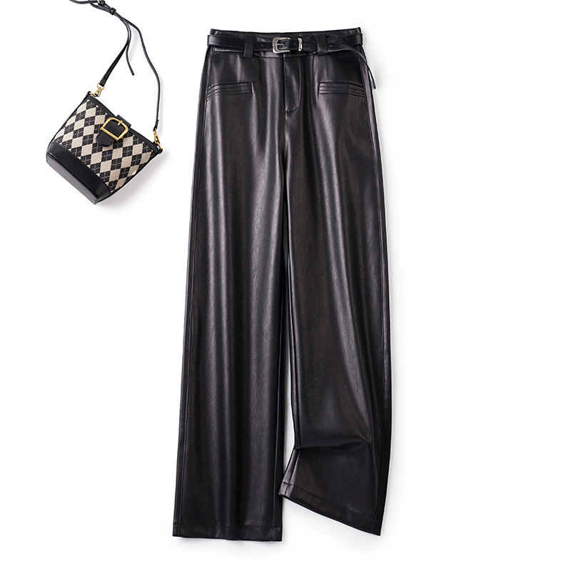 Scythe Pants Brand Autumn and Winter Accessible Luxury Women's Genuine Leather Wide-Leg Leather Pants High-Waist Slimming Look Goatskin Lace-Up Slim Casual Pants