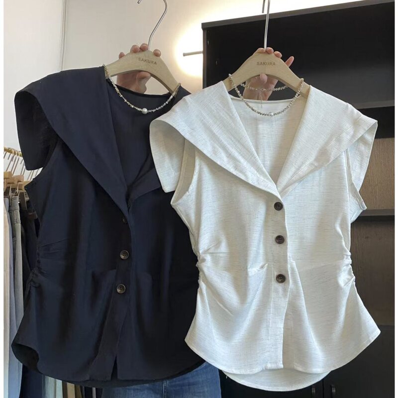 2026 Summer New Style French Drape Navy Collar Shirt for Women, Elegant and Stylish, Waist-Cinching Sleeveless Blouse