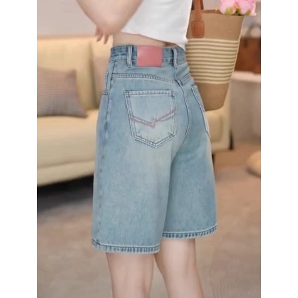Quần short denim retro nữ lưng cao, phong cách mùa hè, mỏng nhẹ cho người dáng nhỏ — Màu xanh lam nhạt