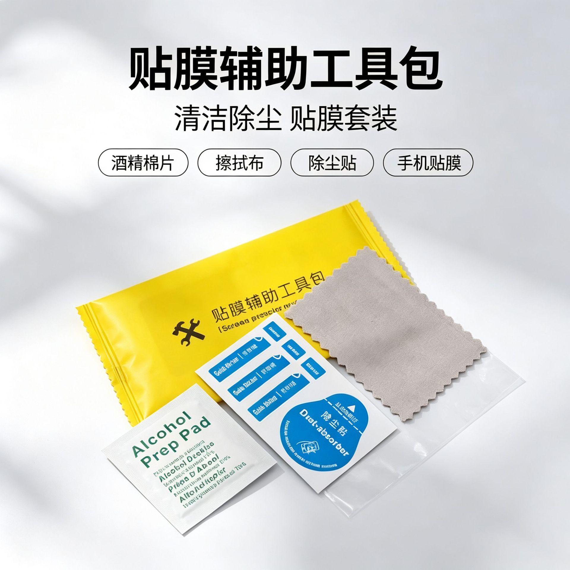 厂家现货手机钢化膜辅助贴膜工具包屏幕清洁套装定消毒酒精包