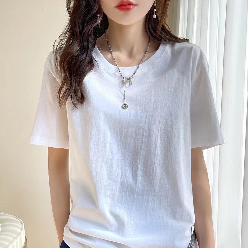 ヨーロッパ純綿 Tシャツレディース夏新疆長繊維綿半袖レディース Tシャツルーズカップルシャツ右肩ルーズラウンドネックホワイト Tシャツ|undefined