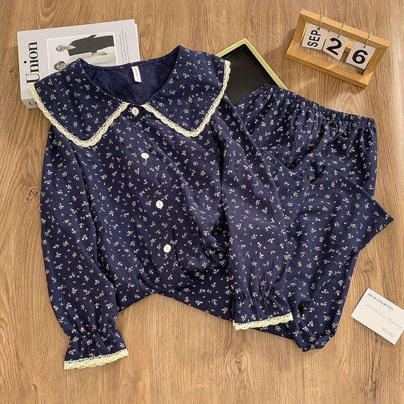 Al por mayor transfronterizo otoño nuevo cardigan impresión pijama de manga larga cuello de muñeca de moda lindas flores trituradas cubierta de ropa para el hogar