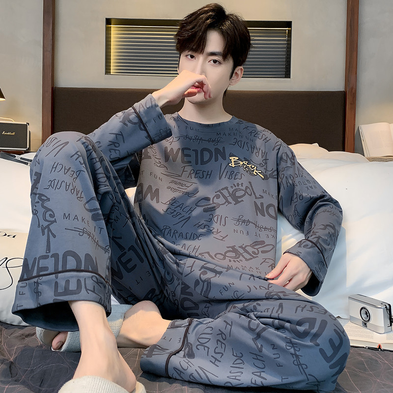 100% Double-Sided Pure Cotton Youth Men's Long-Sleeved Pajamas Spring and Autumn Cartoon Loose Casual Home Wear in Stock