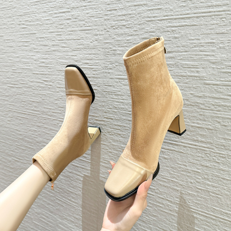 981-5 Vintage Color Matching Rear Zipper Thin Boots Square Head Thick High Heel Fluffy Ankle Boots Elegant Commuter All-match Naked Boots