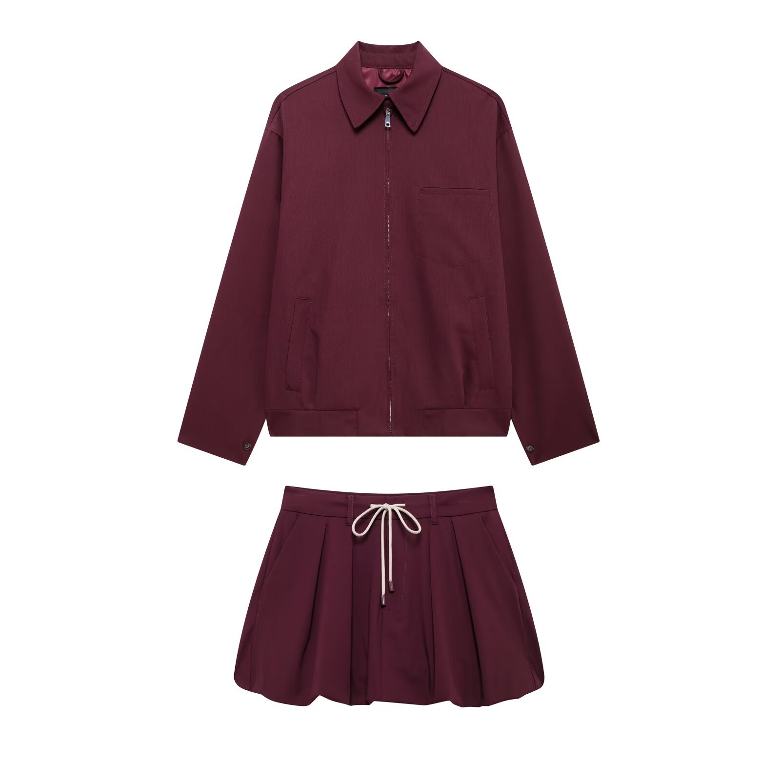 欧美跨境女装批发女式拉链夹克外套高腰系带灯笼迷你裙休闲套装