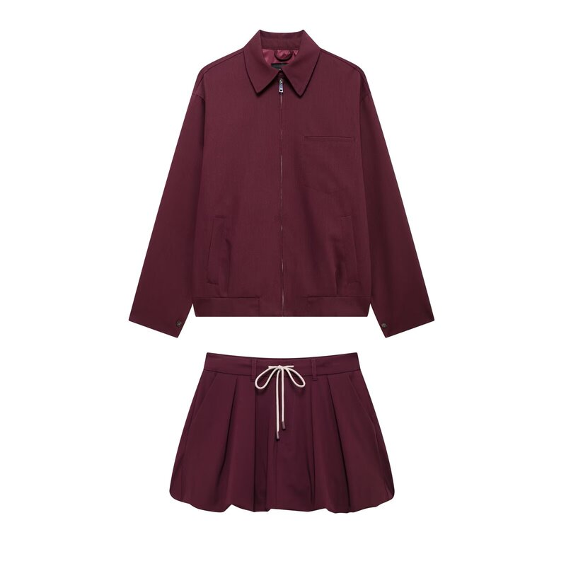 European and American Cross-border Women's Wholesale Women's Zipper Jacket Coat High Waist Lace-up Lantern Mini Skirt Casual suit