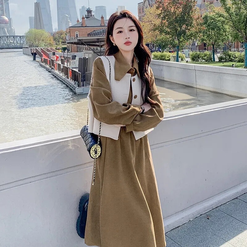 Long-Sleeved Shirt Dress Women's Suit 2025 Autumn and Winter New Design Stylish Vest Fashionable Long Skirt Two-Piece Set Long-Sleeved Shirt Dress Women's Suit 2025 Autumn and Winter New Design Stylish Vest Fashionable Long Skirt Two-Piece Set