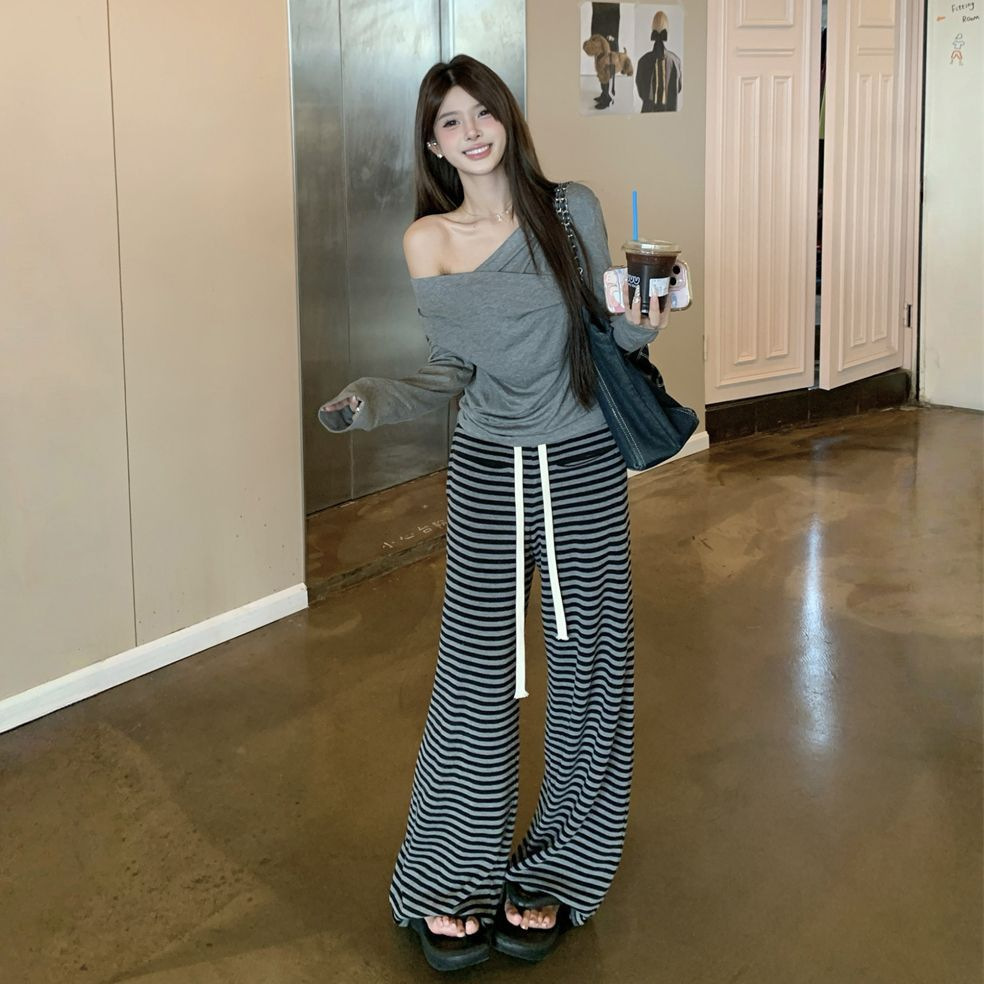 Drapey Petite Knitted Flared Casual Pants for Women, Autumn 2025 New Color-Block Striped Drawstring Sports Long Pants