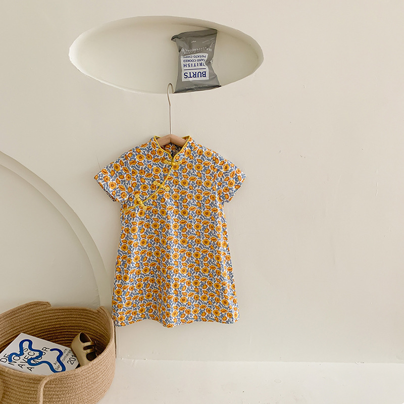 Summer Style Girls'Improved Cheongsam Short-sleeved Children's Ethnic Chinese Style Dress Small And Medium-sized Children's Floral Skirt