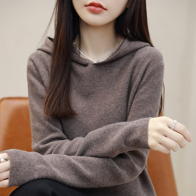 2013秋冬羊毛气质风纯色长袖打底卫衣女潮V领慵懒风连帽针织衫女