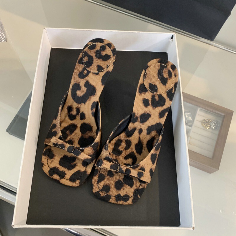 2024 New Summer Sexy Leopard Bow Slides Open Toe Stiletto Heel High Heels Women's Slippers 2024 New Summer Sexy Leopard Bow Slides Open Toe Stiletto Heel High Heels Women's Slippers