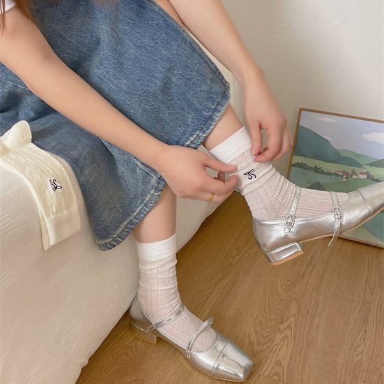 Spring and summer milk white thin JK socks women's tube socks ballet bow hollow pile socks all-match solid color