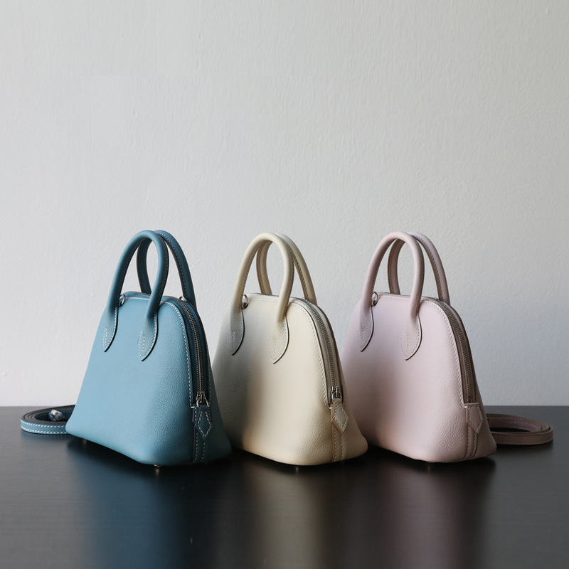 Top Layer Cowhide Mini Bolide Bowling Bag Small Polaroid Shell Bag Semi Handmade Shoulder Crossbody Leather Women's Bag