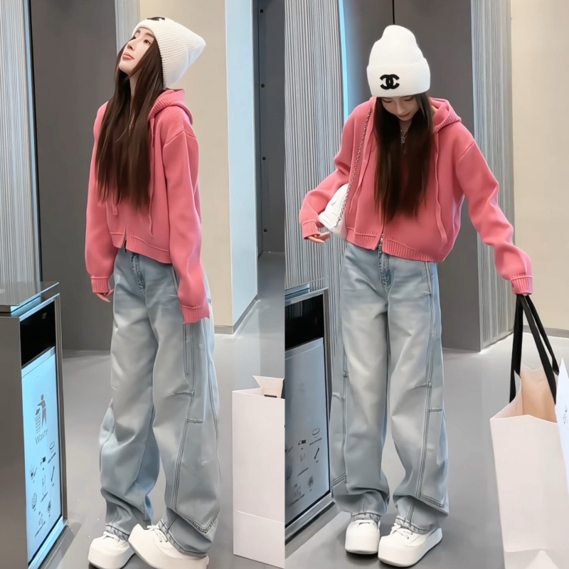 Korean Style Hooded Double Zipper Knitted Sweater Cardigan + High Waist Slimming Look Topstitch Design Fleece-Lined Scimitar Jeans for Women