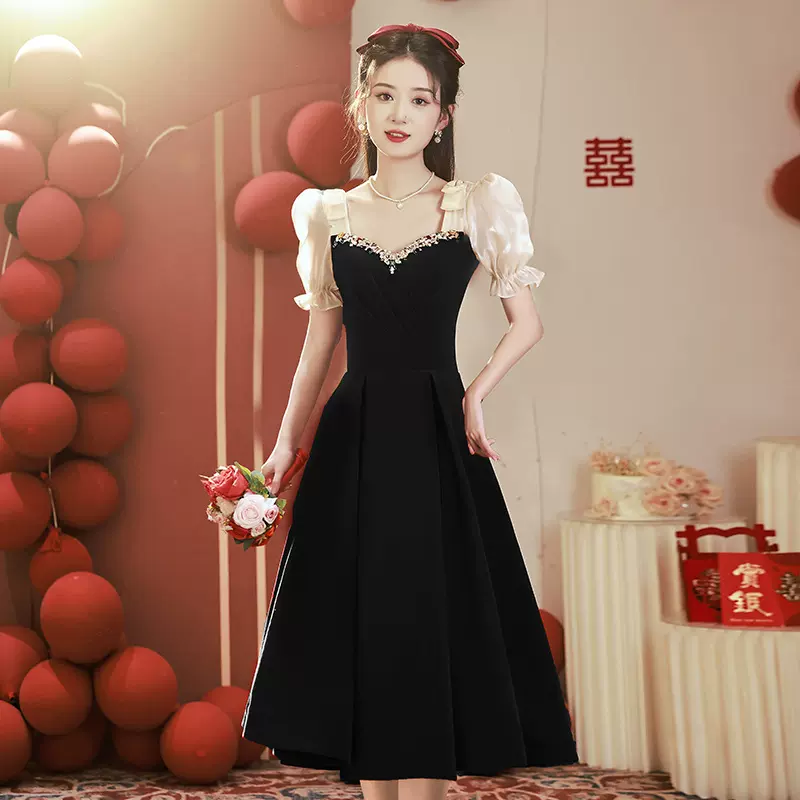 黑色晚礼服女平时可穿法式洋装宴会气质轻奢生日裙订婚宴小礼服裙