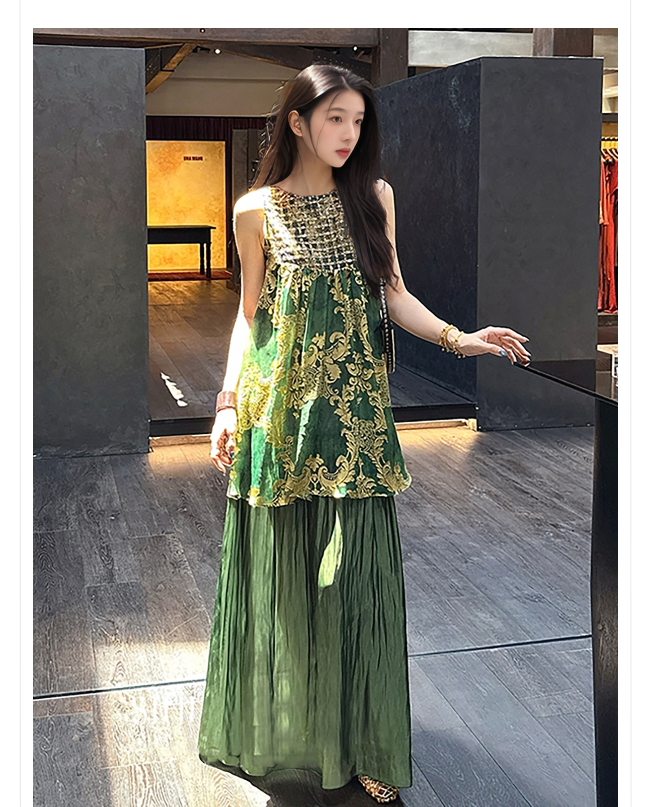Váy maxi nữ thắt eo phong cách Trung Hoa đính sequin tay ngắn — Màu vàng, Màu xanh lá chi tiết 2
