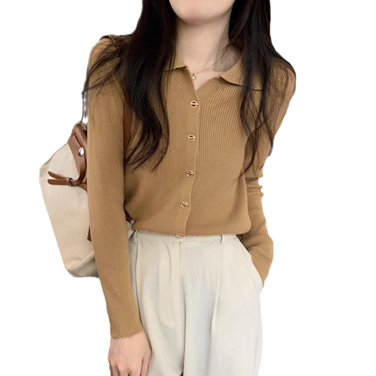 【 Cashmere Family 】 Polo collar wool cardigan jacket women, loose knit with a lapel collar, short sweater for autumn_voghion.com