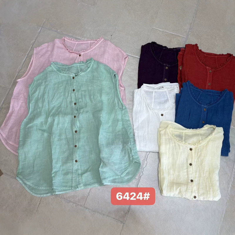2026 Summer New Style Linen Sleeveless Shirt Top for Women, Collar with Small Floral Lace, Linen Cardigan Shirt for Women