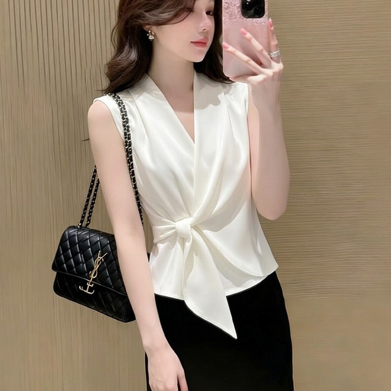 Áo sơ mi nữ không tay cổ V thắt nơ phong cách Pháp — màu trắng chi tiết 4