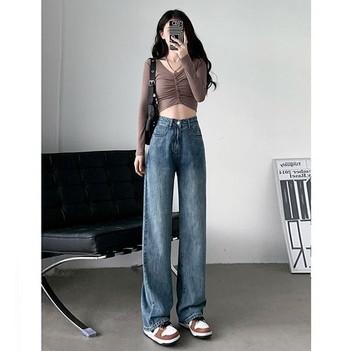 American-style drop-down loose wide-leg women's high-waisted tall-increasing invisible floor-length jeans cross-border supply wholesale