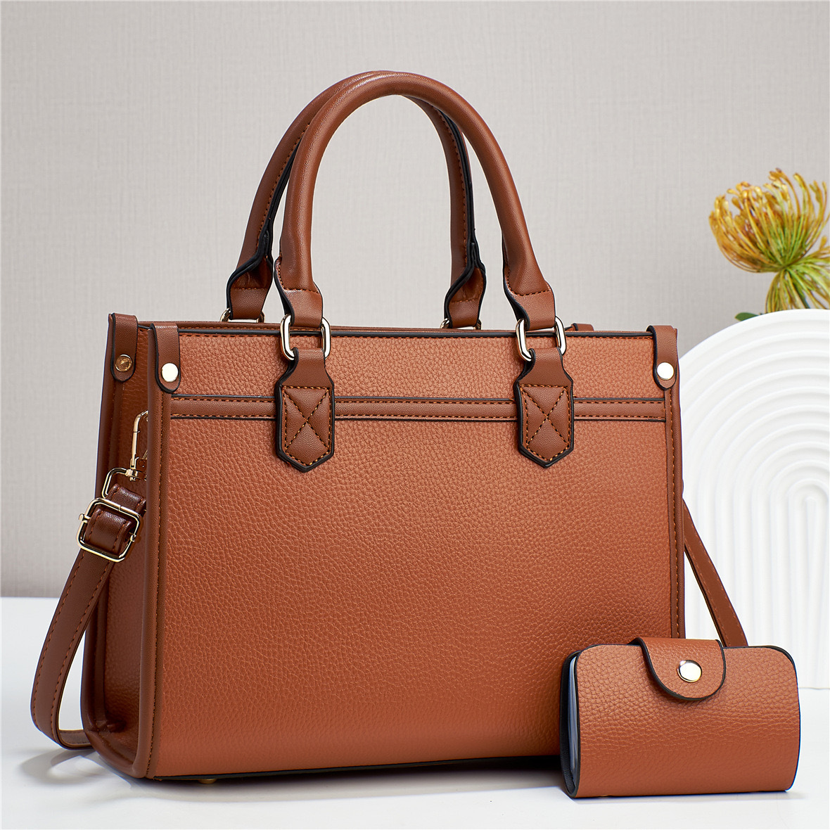 Pu Leather Material Women's Large Pu Leather Solid Color Classic Style Streetwear Sewing Thread Square Zipper Bag Sets