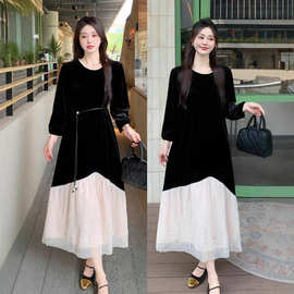 大码胖mm高光派对拼接亮片网纱气质显贵黑色丝绒宽松显瘦长裙女