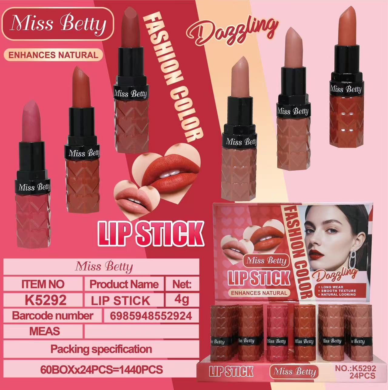 Lápiz Labial Miss Betty Nuevo, Comercio Exterior Transfronterizo, Color Único, 6 Colores, Brillo Labial, Dos en Uno, Maquillaje 2 en 1