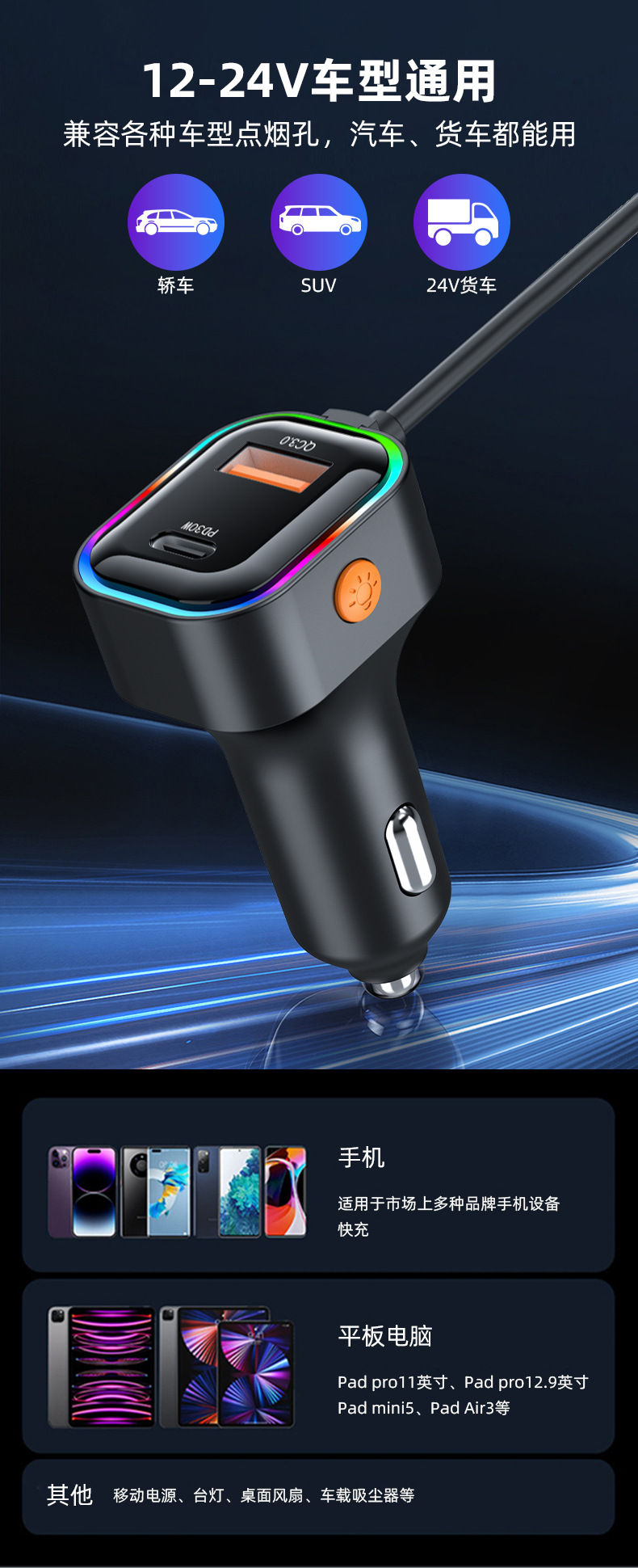 Cross-border new car charger fast charging with rear charging five-port car charger super fast charging 66W fast charging wholesale