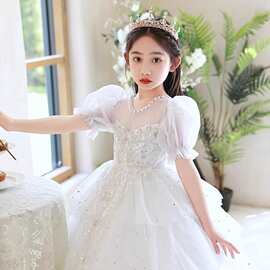 女童走秀礼服2026新款白色泡泡袖蓬蓬纱公主裙小女孩钢琴演出礼服