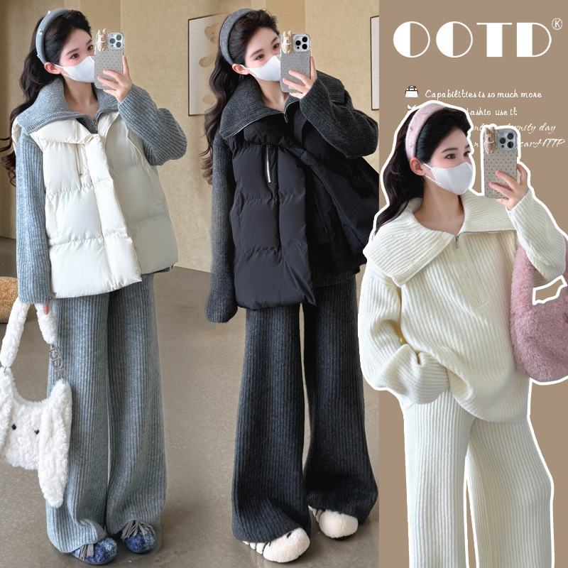 Maternity wear autumn and winter set, high-end trendy new style for stylish moms, large lapel knitted sweater two-piece set with cotton vest for winter