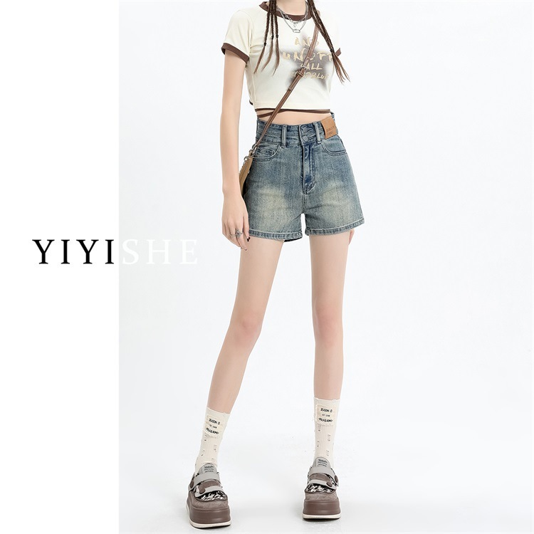 女性のためのハイウエストデニムショートパンツ 2025 夏の新しいホットガールイエローマッドカラーデザインスリム A ラインストレートホットパンツ|undefined
