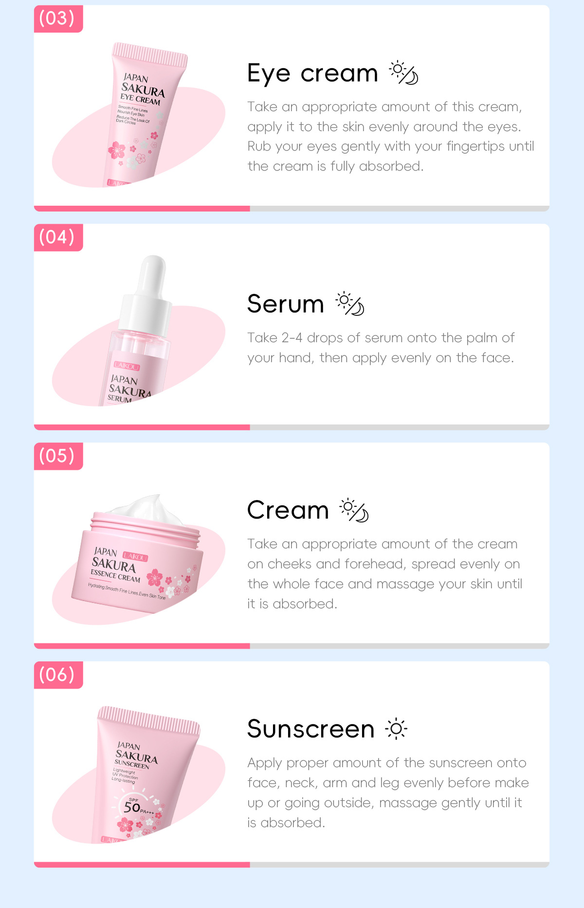 LAIKOU Cherry Blossom Skincare six-piece Set: Facial Cleanser, Essence, Eye Cream, Face Cream, Toner, sunscreen, Cross-border undefined