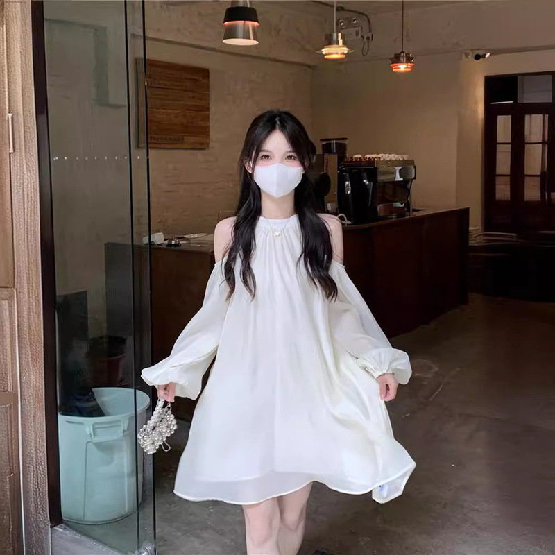 Shoulder Neck Design Unique dress Spring and Autumn 2024 New Loose Fashion Elegant White A- line Skirt for Women