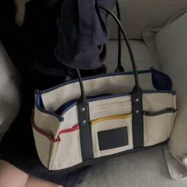 新品网红同款时尚百搭帆布撞色方形托特休闲设计手提单肩包