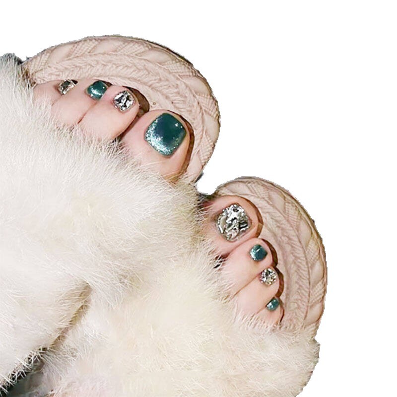 24 piezas de pies de ojo de gato verde de gema, parche de uñas de pie terminado, uñas de pie desmontables, verano corto