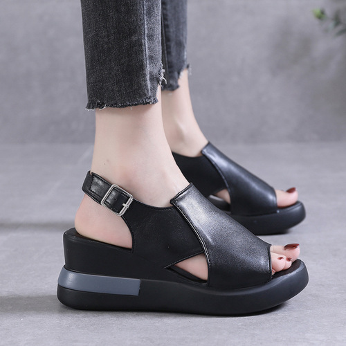 Platform wedge sandals for women, summer high-heeled fish mouth women's shoes, soft leather, height increasing, chunky shoes